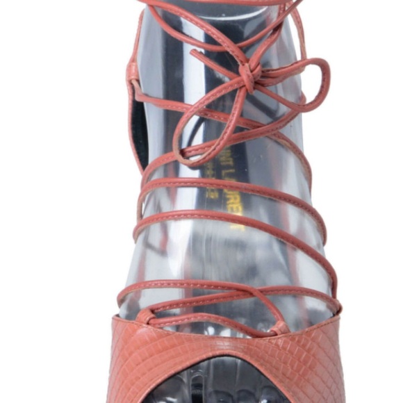 YSL Lace Up Deep Rose Snake Embossed Open Toe Sandal Shoes Size 39/9 NIB - Picture 2 of 4